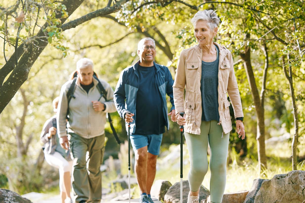 A groups of seniors hiking