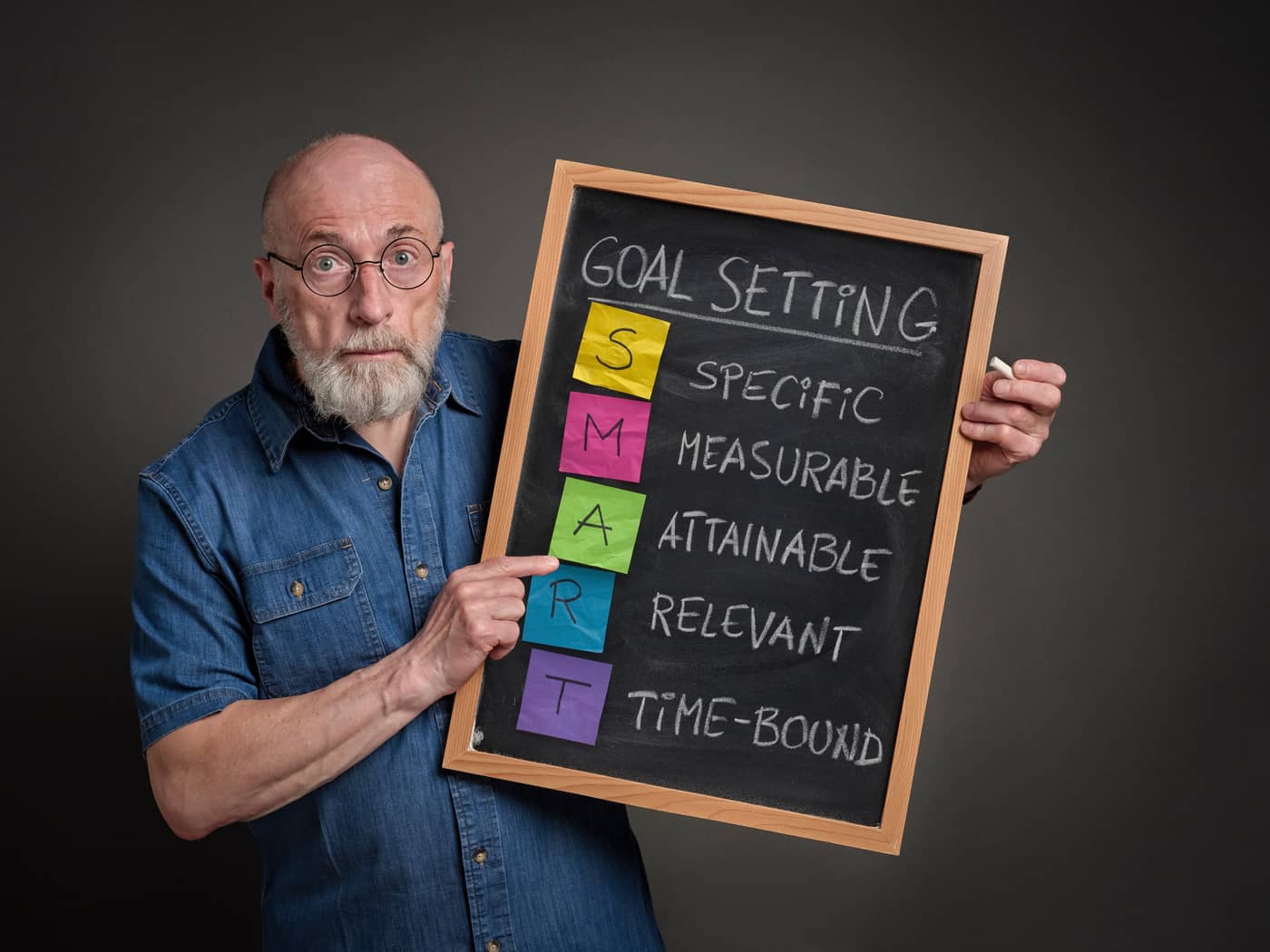 A senior man holding a sign that says "Goal Setting: S-Specific, M-Measurable, A-Attainable, R-Relevant, and T-Timebound"
