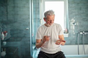 A senior man sitting in the bathroom taking his medicine