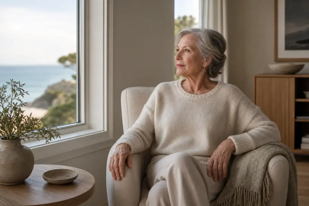 Senior woman sitting comfortably at home near window with coastal Santa Cruz view