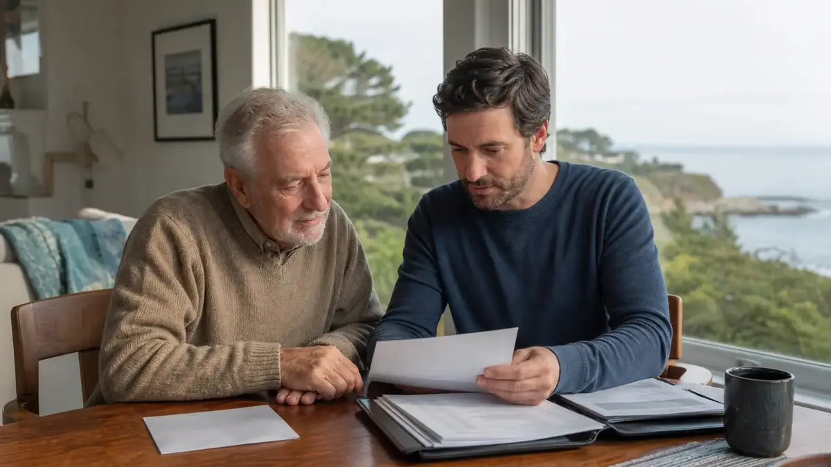 Father and adult son reviewing the IHSS application for Santa Cruz County Human Services