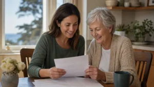 Adult daughter and elderly mother reviewing IHSS Santa Cruz County paperwork together at home