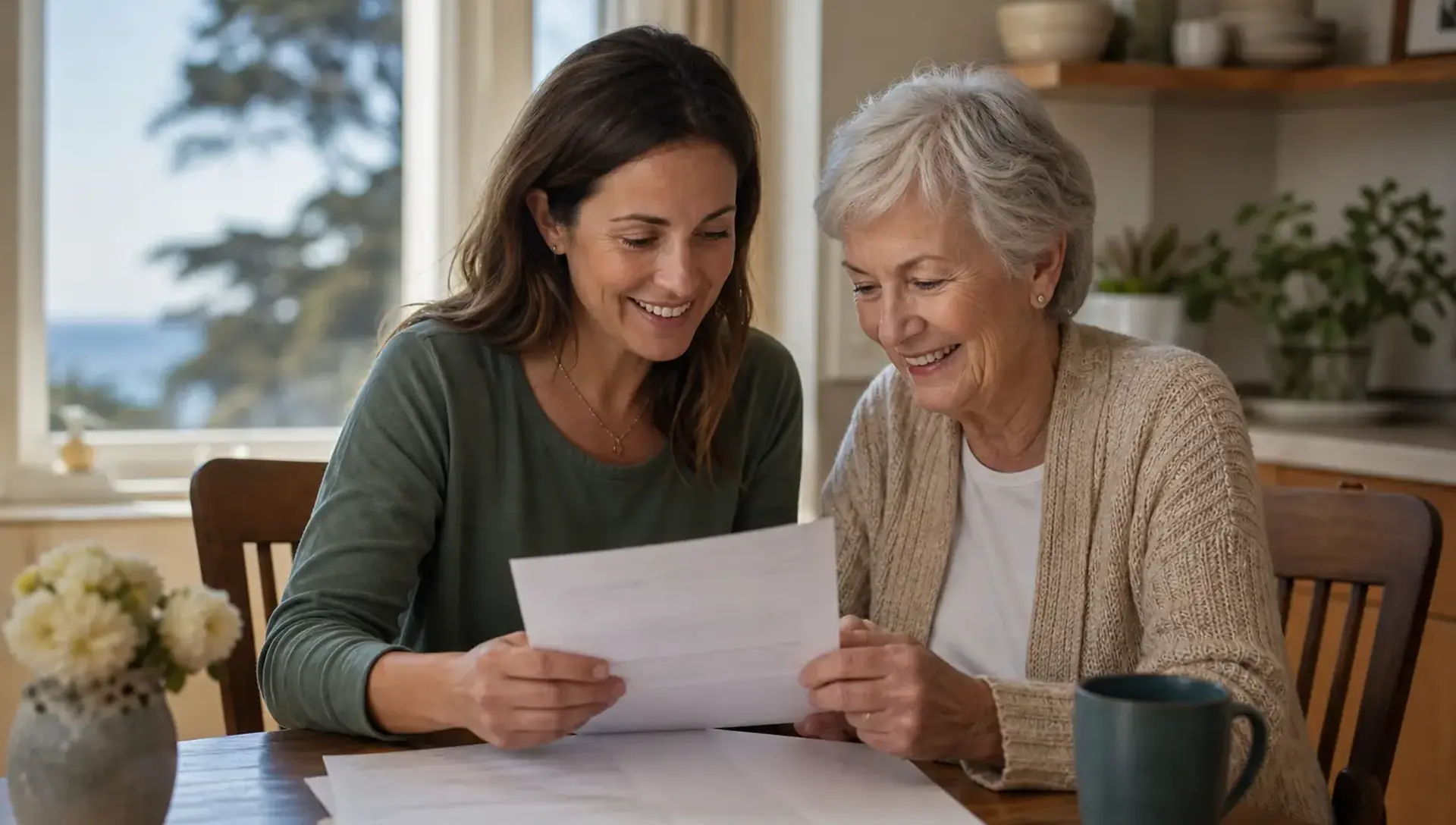 Adult daughter and elderly mother reviewing IHSS Santa Cruz County paperwork together at home