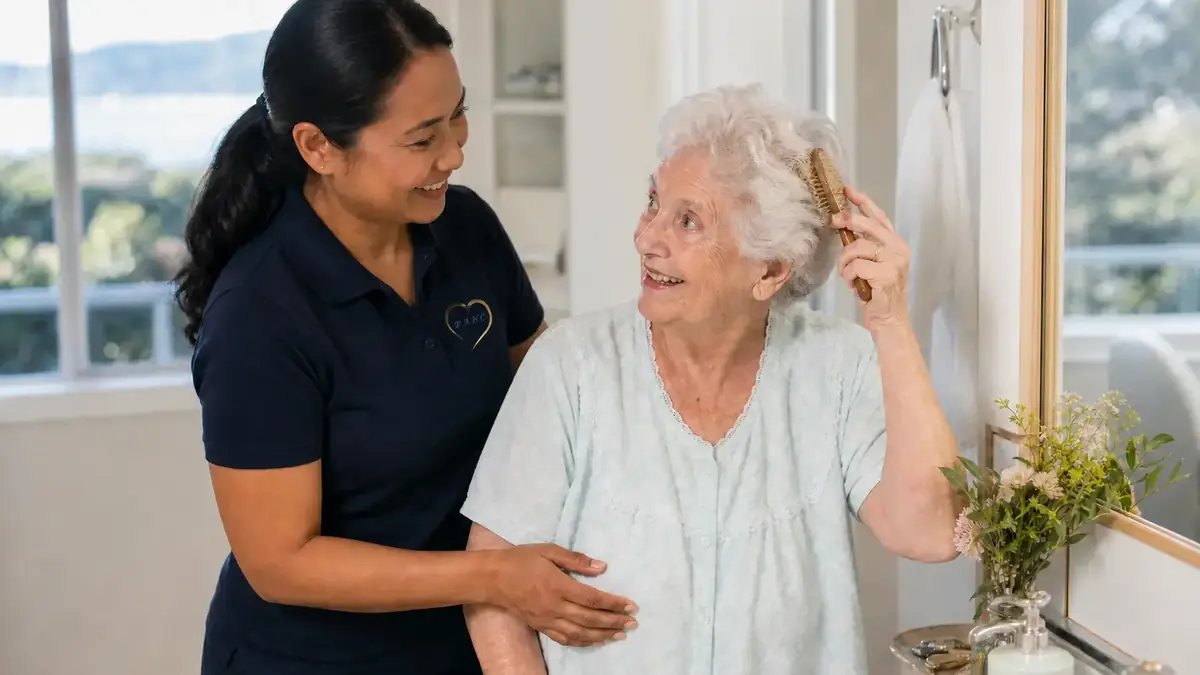 Pacific Angels caregiver helping a senior at home to supplement IHSS hours in Santa Cruz County